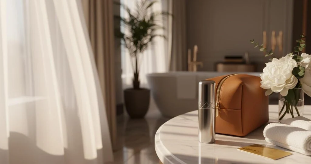 Refillable perfume atomizer beside a leather travel case in a hotel bathroom