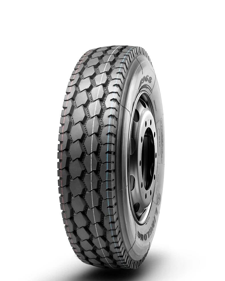 A968/LTR968* radial trailer tyre with block tread pattern and reinforced sidewall, mounted on a trailer wheel