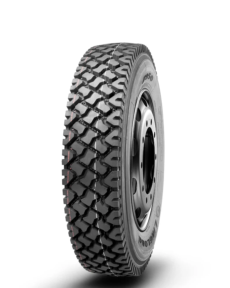 D950 radial truck tyre with deep rigid block tread pattern and cut resistance compound, mounted on a wheel