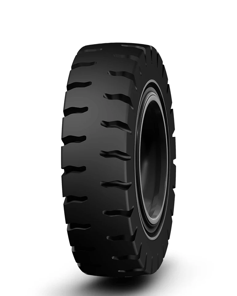 EM03(E-4)-New bias OTR tyre mounted on a dump truck wheel, showing deep tread pattern and wide tread blocks