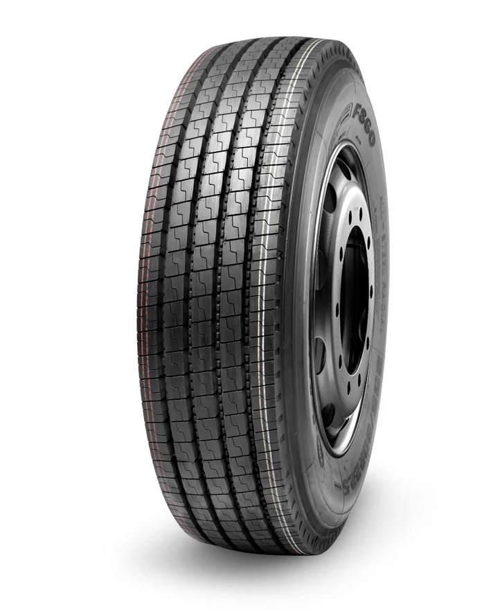 F860 radial truck tyre for steer and trailer axle, showing tread pattern and sidewall construction
