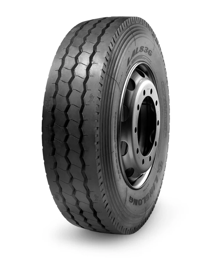 LAL836 radial truck tyre with block tread pattern and reinforced sidewall, mounted on a wheel rim
