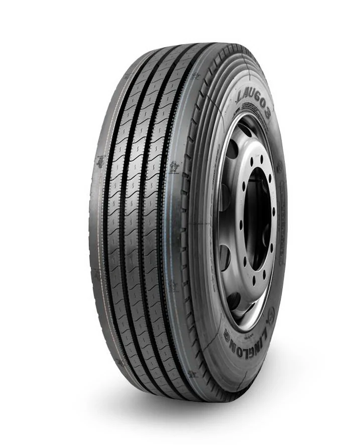 LAU603 radial bus tyre with block tread pattern and uniform tread depth, mounted on a standard rim