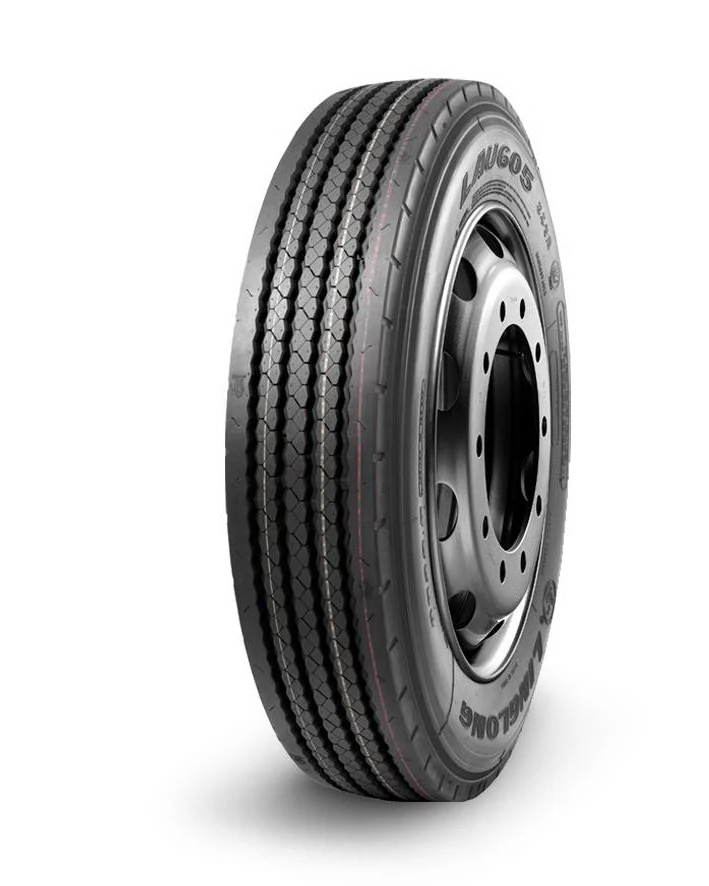 LAU605 radial bus tyre with extra wide tread and zig-zag groove pattern on a small bus wheel