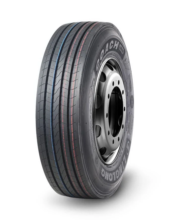 LAU608 radial bus tyre with block tread pattern and reinforced sidewall, mounted on a 22.5-inch rim
