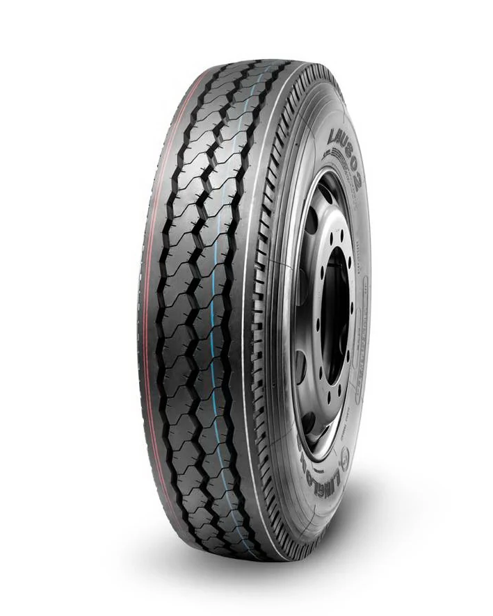 LAU802 radial bus tyre with block tread pattern and reinforced sidewall, mounted on a 295/80R22.5 rim