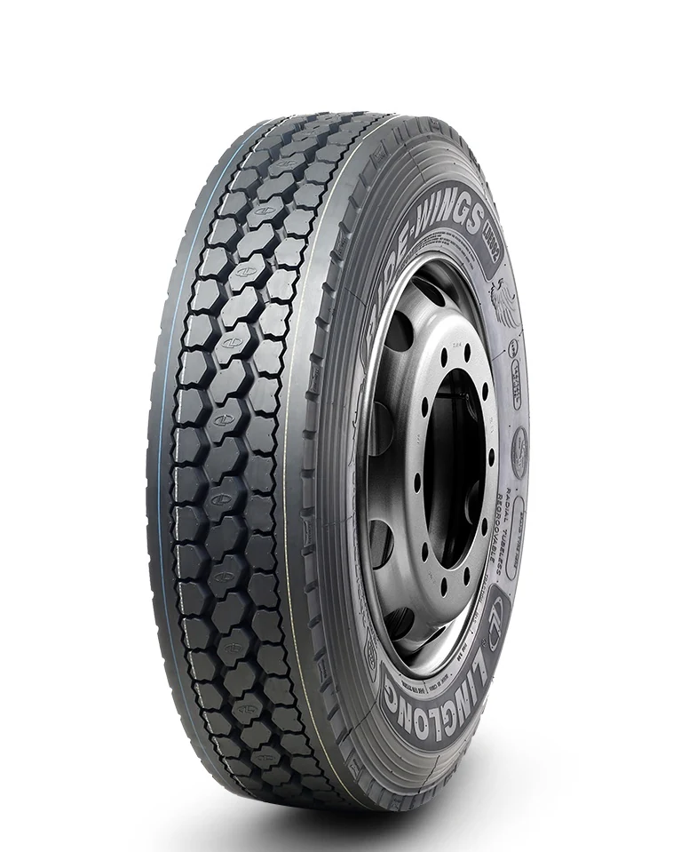 LDE892-New radial truck tyre with symmetrical tread pattern and reinforced sidewall, mounted on a steel rim