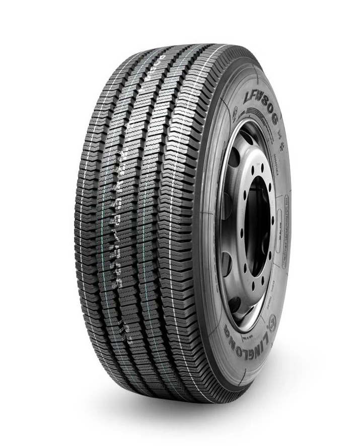 LFW806 radial truck tyre with optimized rib tread pattern and low noise design, mounted on a steel rim