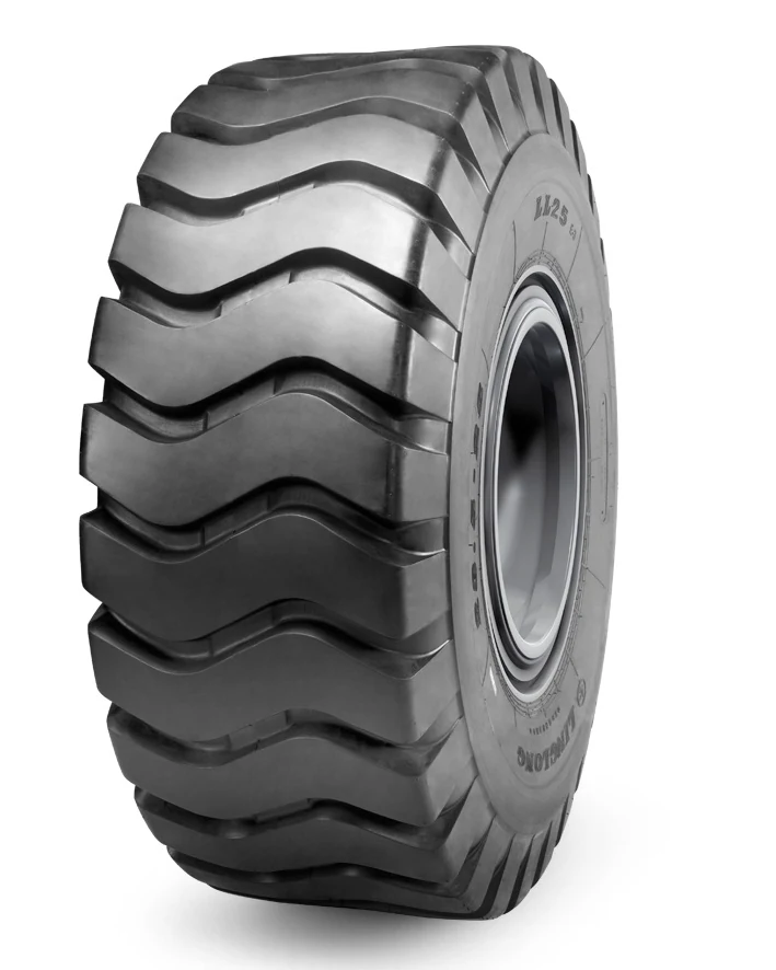 LL25(E-3/L-3) bias OTR tyre mounted on a 16.00-25 rim with deep tread pattern and wide section width