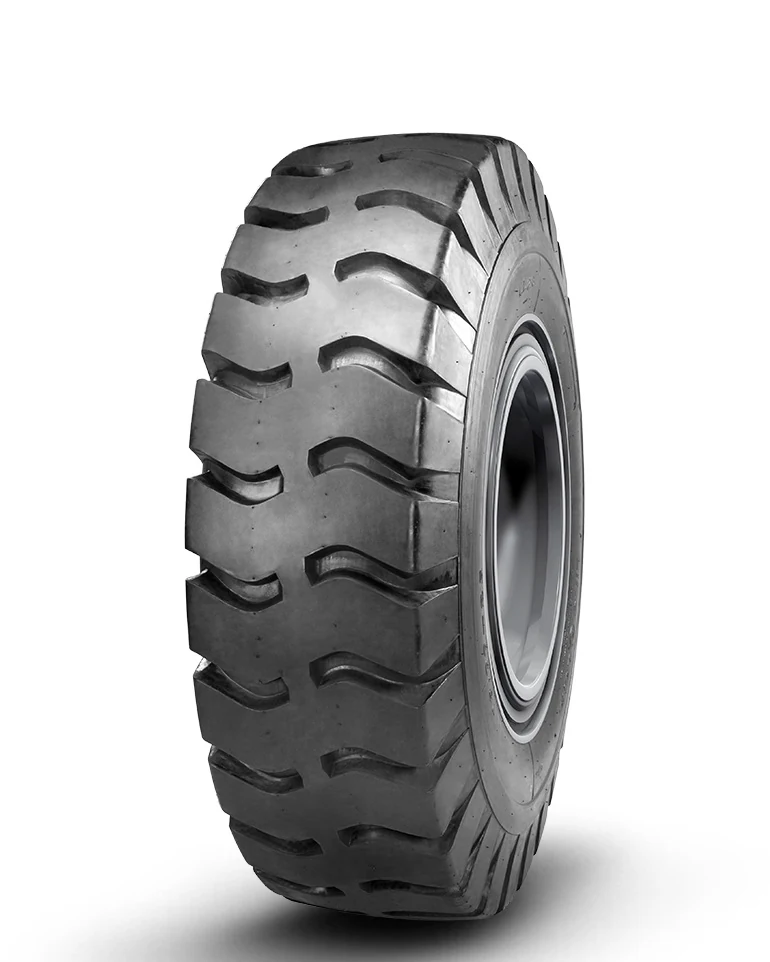 LL26(E-3) bias OTR tyre mounted on a 13.00/2.5 rim, showing large tread depth and self-cleaning tread pattern