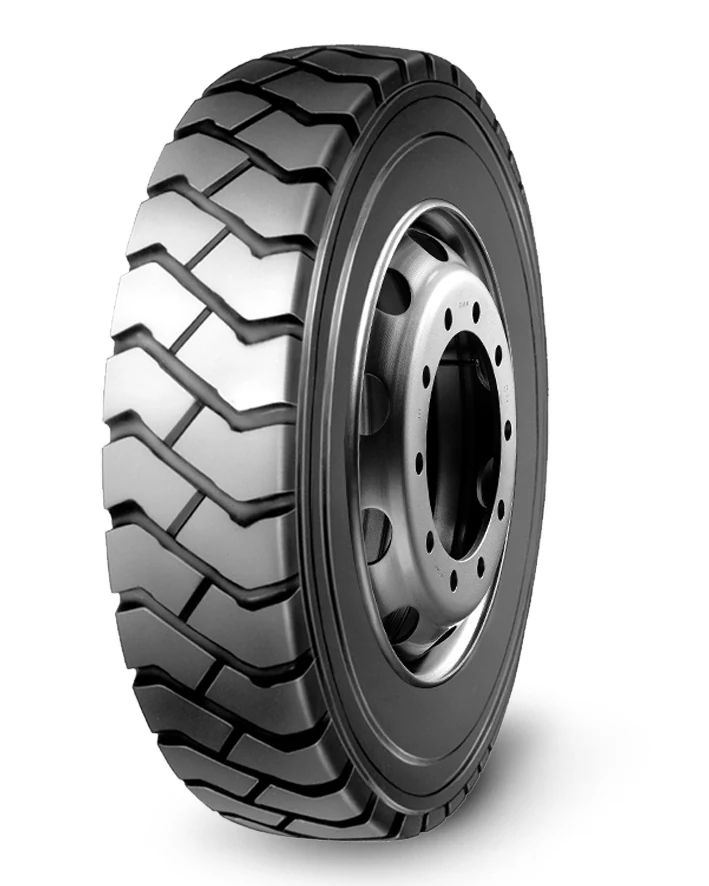 LL45 industrial tyre with block tread pattern and reinforced sidewall, mounted on a standard rim