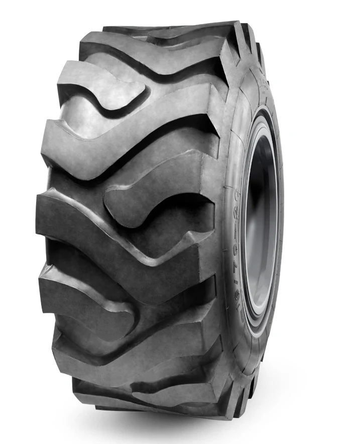 LL55(E-3) bias OTR tyre mounted on a loader wheel, showing wide tread and thick sidewall