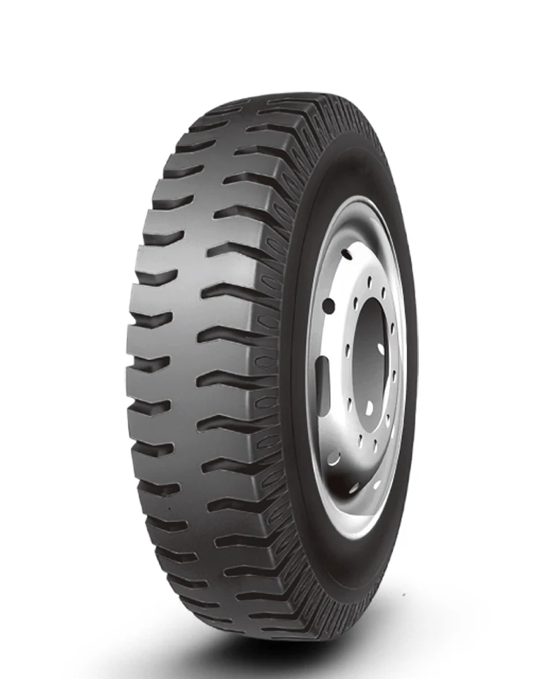 LL59 bias truck and bus tyre with block tread pattern and thick sidewall, shown in profile