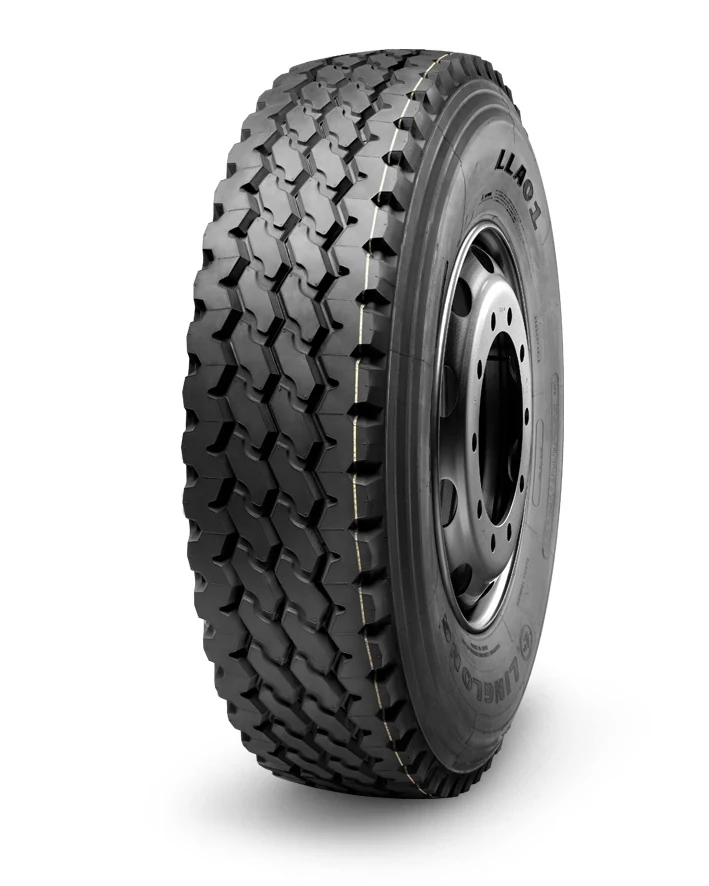 LLA01 radial truck tyre with typical combined tread pattern and cut resistance compound, mounted on a 13R22.5 rim