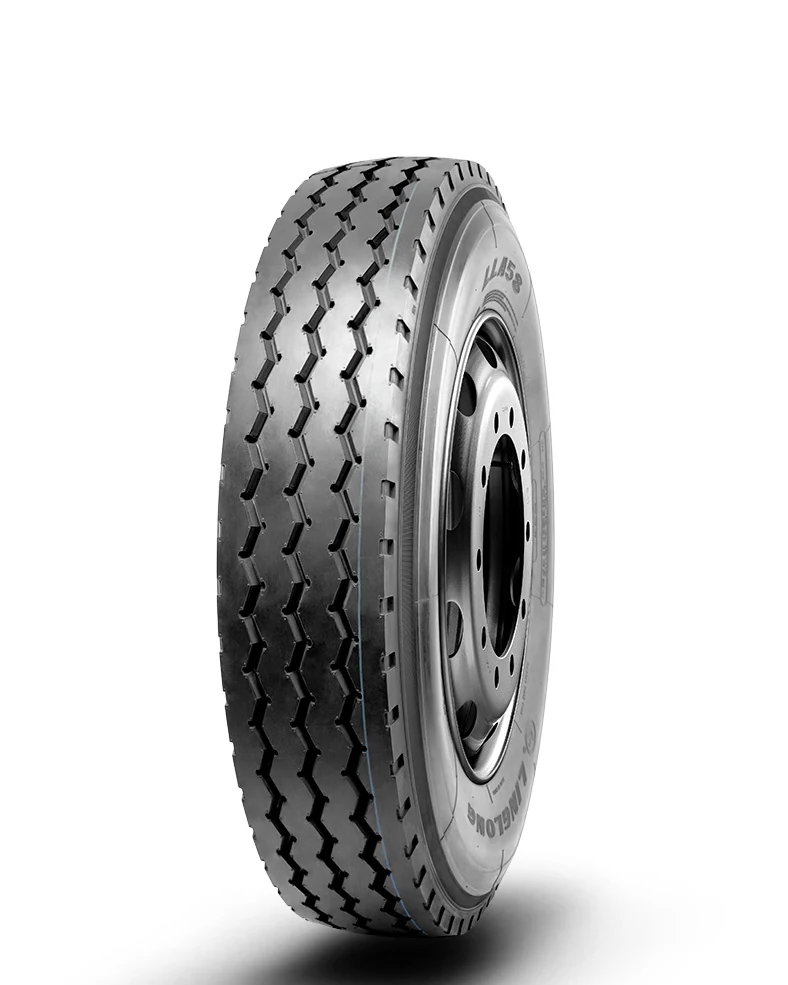 LLA58 radial truck tyre with typical combined tread pattern and cut resistance compound, mounted on a wheel