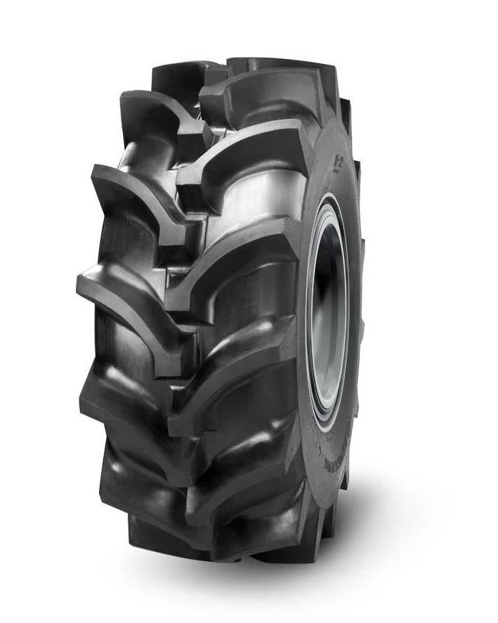 R-2 bias agricultural tyre with deep tread pattern and reinforced sidewall, shown in profile