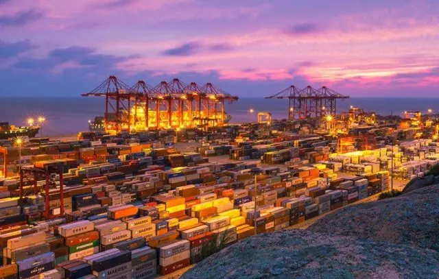 Container terminal at sunset with stacked containers and gantry cranes