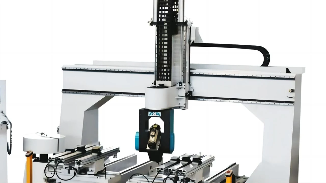 Overhead gantry CNC system positioned above a machining bed