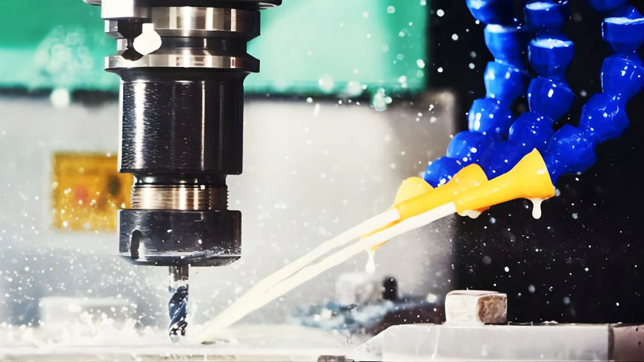 CNC milling spindle cutting a metal part under flood coolant