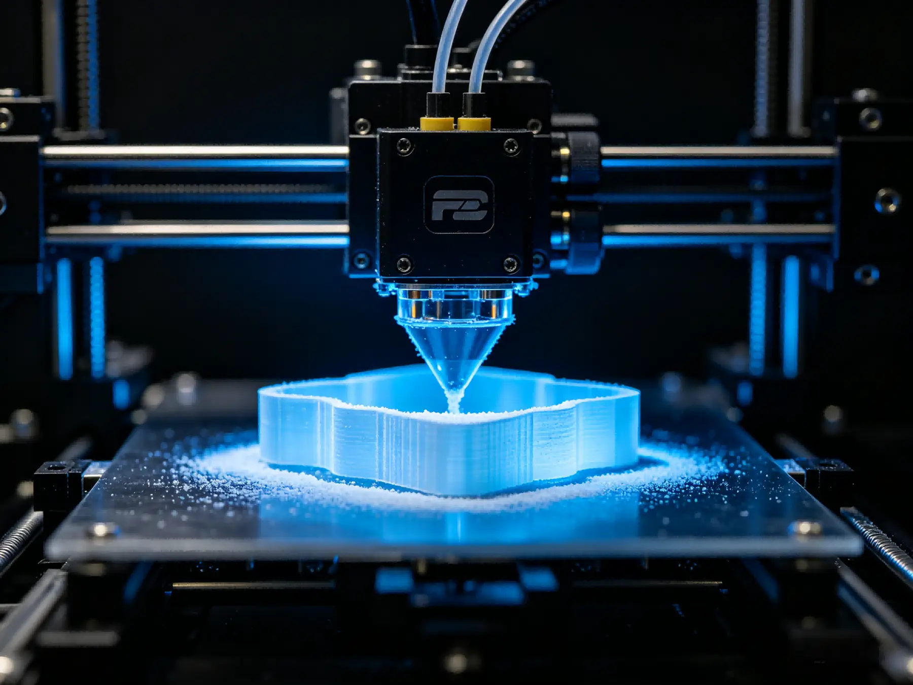 Desktop 3D printer building a blue part layer by layer