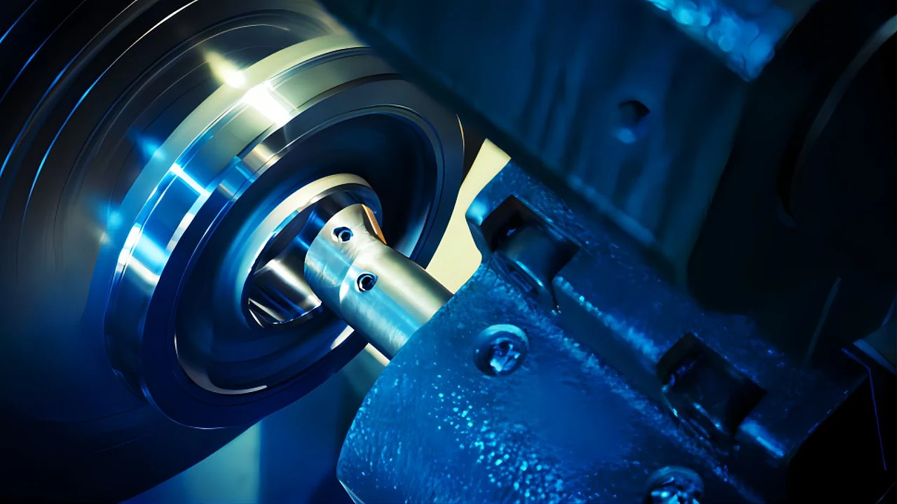Precision lathe cutting a cylindrical metal component under blue light