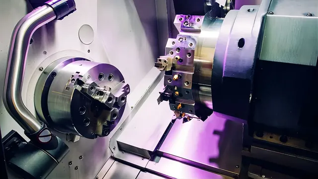 Multi-tool CNC lathe turret working on a precision component