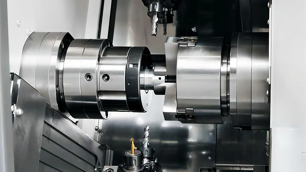 CNC lathe chuck holding a bright steel component mid-cut