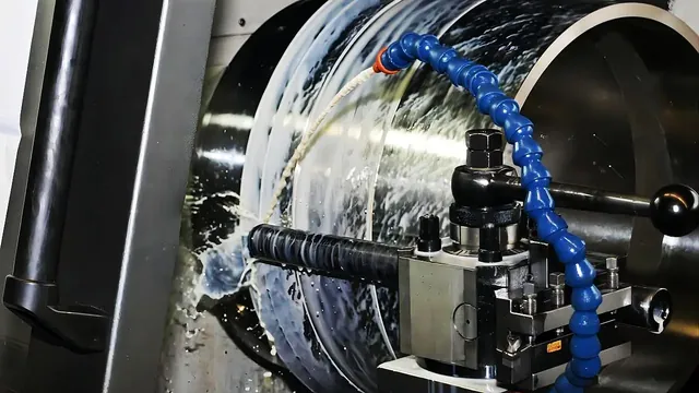 CNC lathe machining a large bore under a coolant line