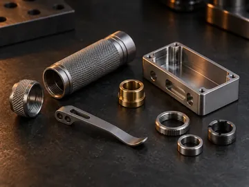 Knurled EDC body, brass bushings, pocket clip and machined enclosure on a dark surface
