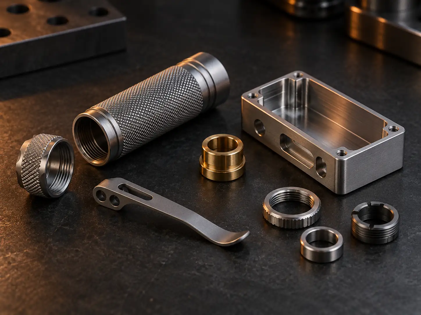 Knurled EDC body, brass bushings, pocket clip and machined enclosure on a dark surface