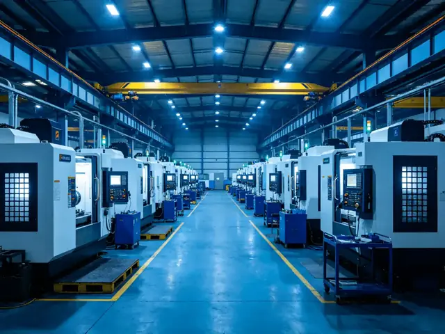 Main aisle of a CNC machining workshop lined with machining centres