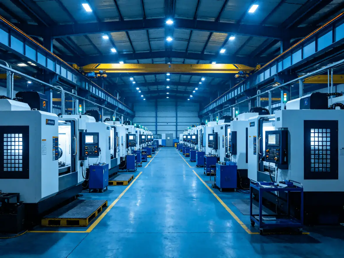 Main aisle of a CNC machining workshop lined with machining centres