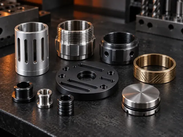 Array of machined brass, steel and aluminum prop components on a dark bench