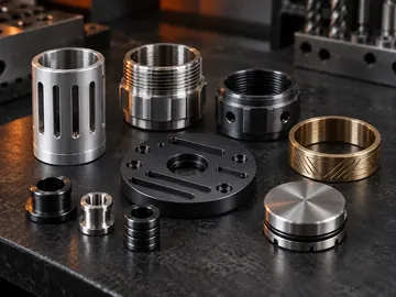Array of machined brass, steel and aluminum prop components on a dark bench