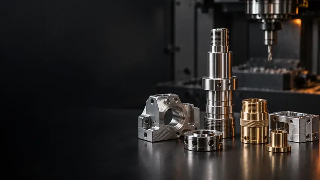 Machined brass and steel components arranged in front of a milling machine
