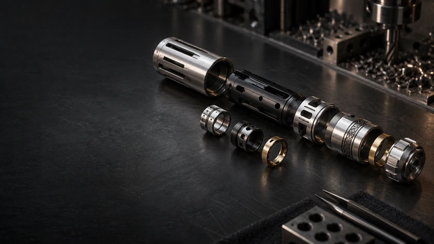 Machined lightsaber chassis components laid out on a dark workbench