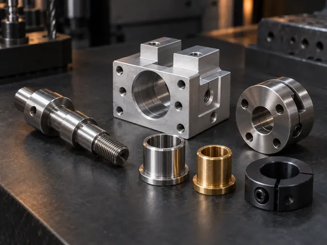 Machined housing block, shafts, bushings and clamp collars on a dark bench