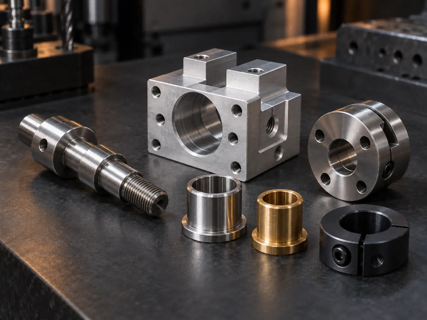 Machined housing block, shafts, bushings and clamp collars on a dark bench