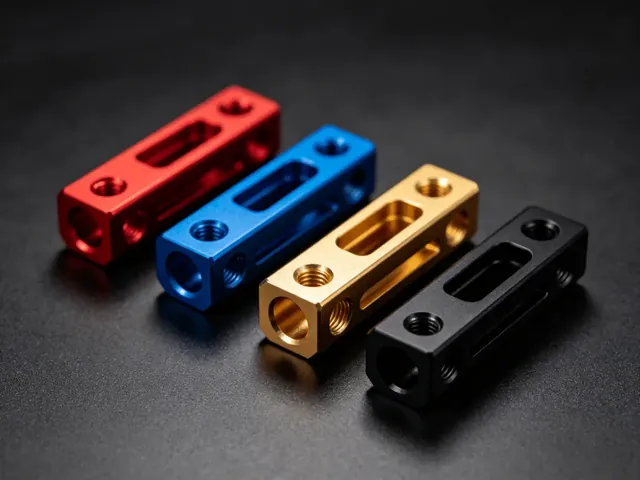 Anodized aluminum blocks in red, blue, gold and black on a dark bench