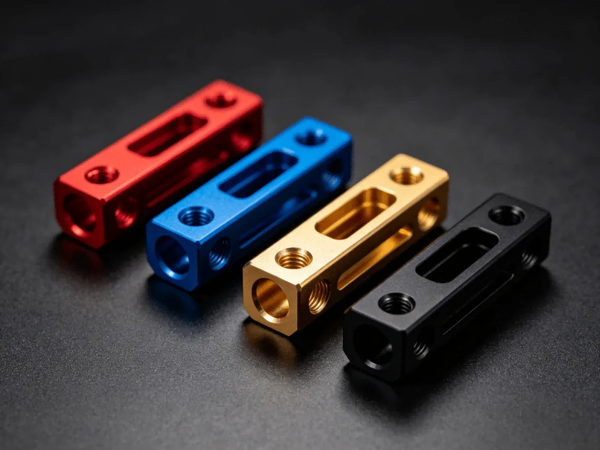 Anodized aluminum blocks in red, blue, gold and black on a dark bench