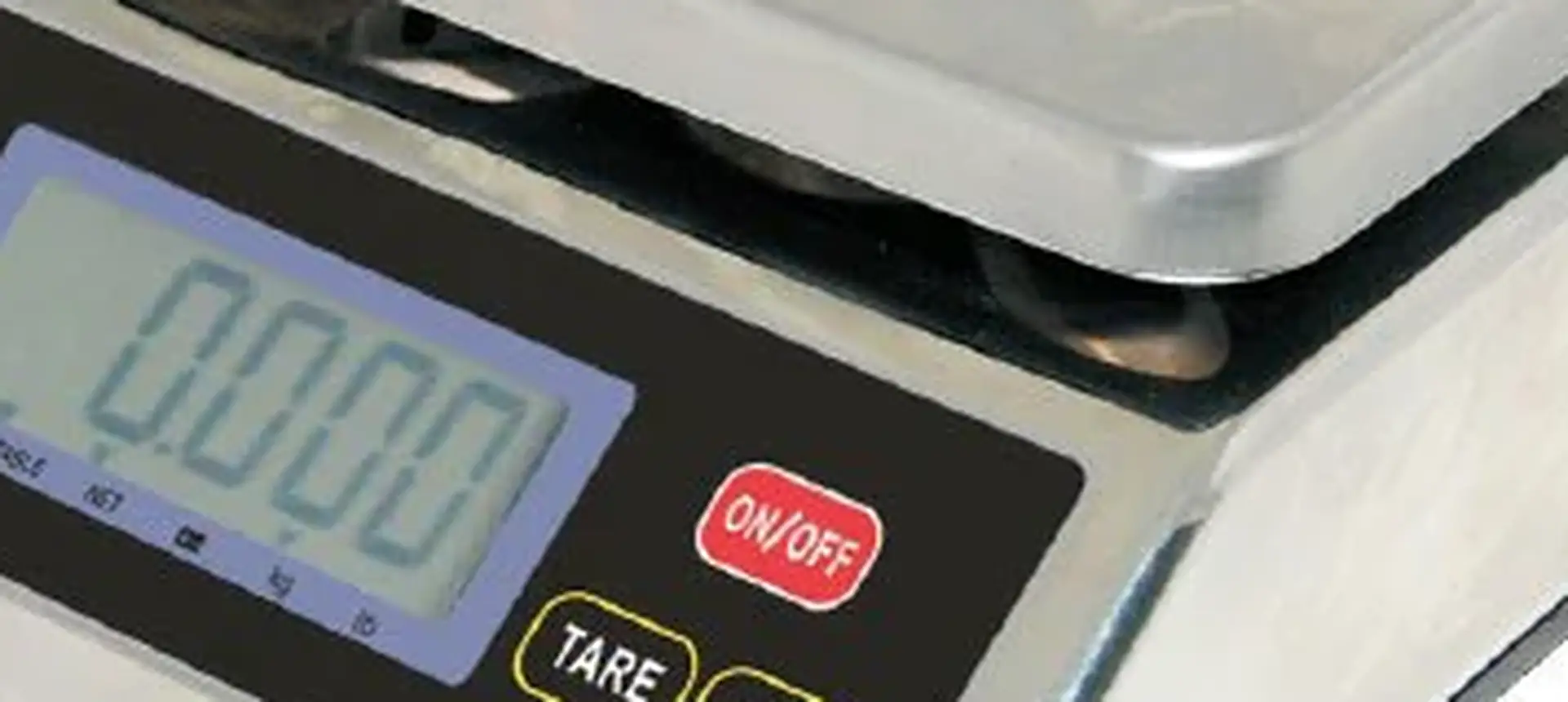Backlit LCD display and stainless steel pan of a bench platform scale
