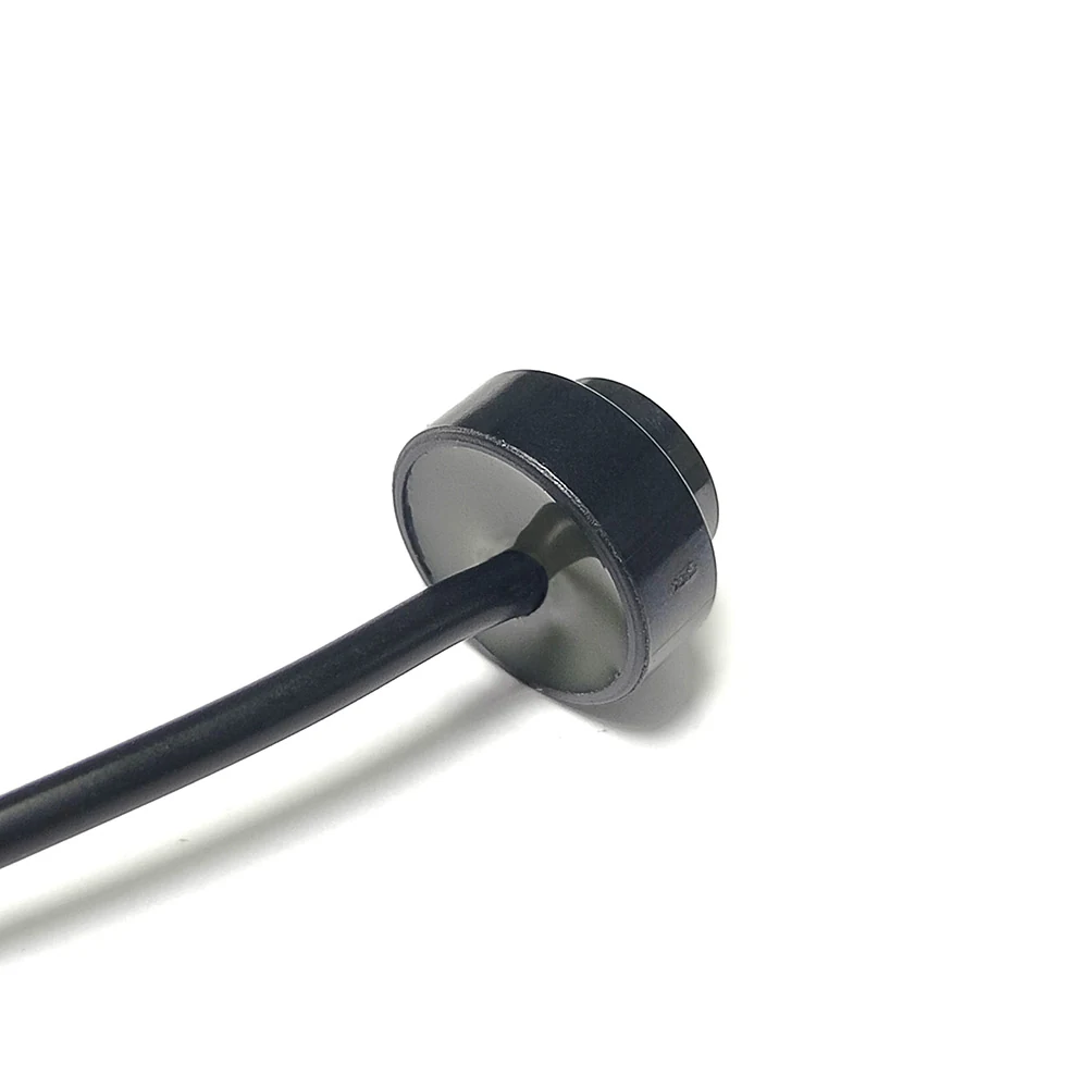 Ultrasonic Flow Sensor 1MHz shown from the side, with the blue collar seated against the black transducer body