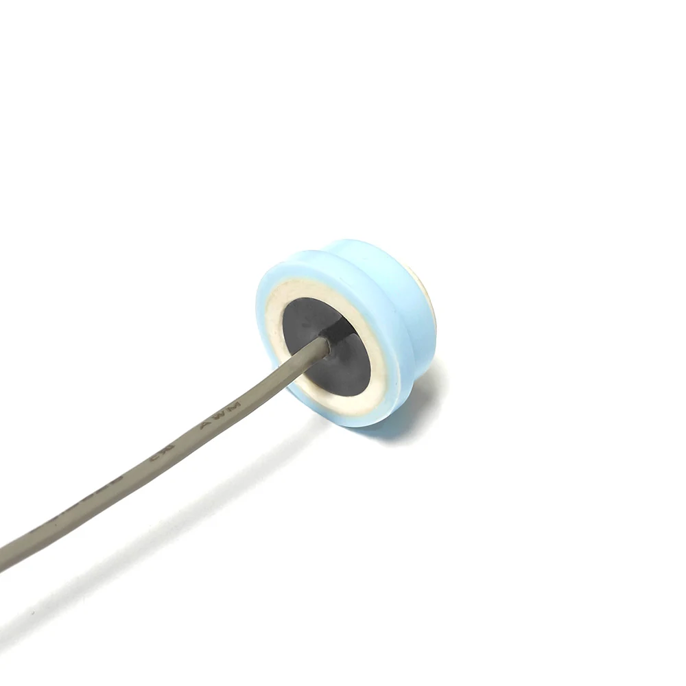 Ultrasonic Gas Flow Sensor 200KHz seen end-on, showing the ceramic ring around the dark centre element inside the blue collar