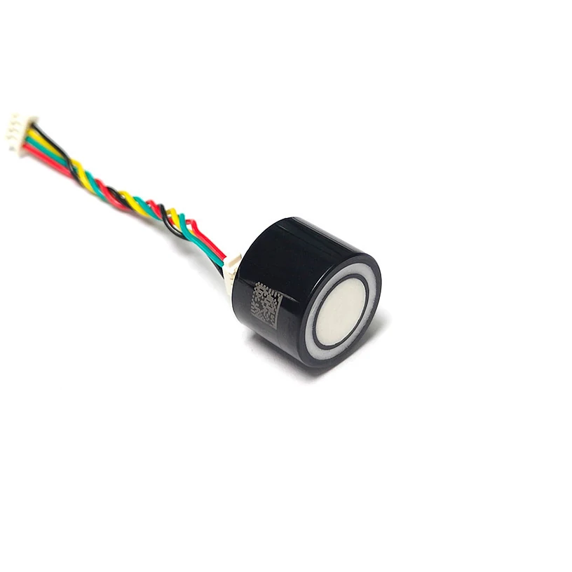 Ultrasonic Material Recognition Sensor 2 with black housing, white ceramic face and twisted four-colour harness ending in a JST-style plug