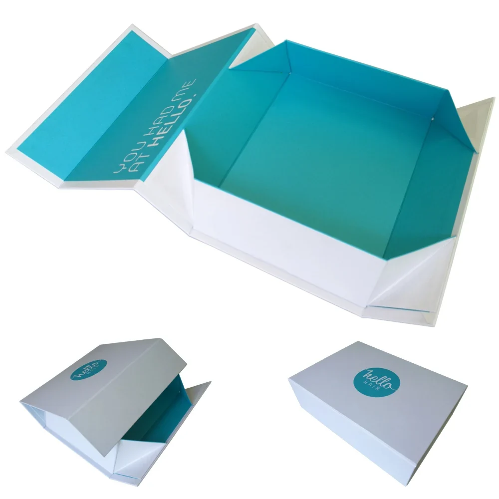 Teal collapsible gift box shown flat and erected