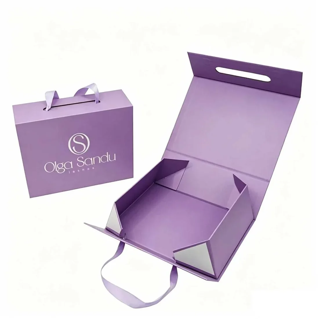 Purple handbag style collapsible box with die cut handle