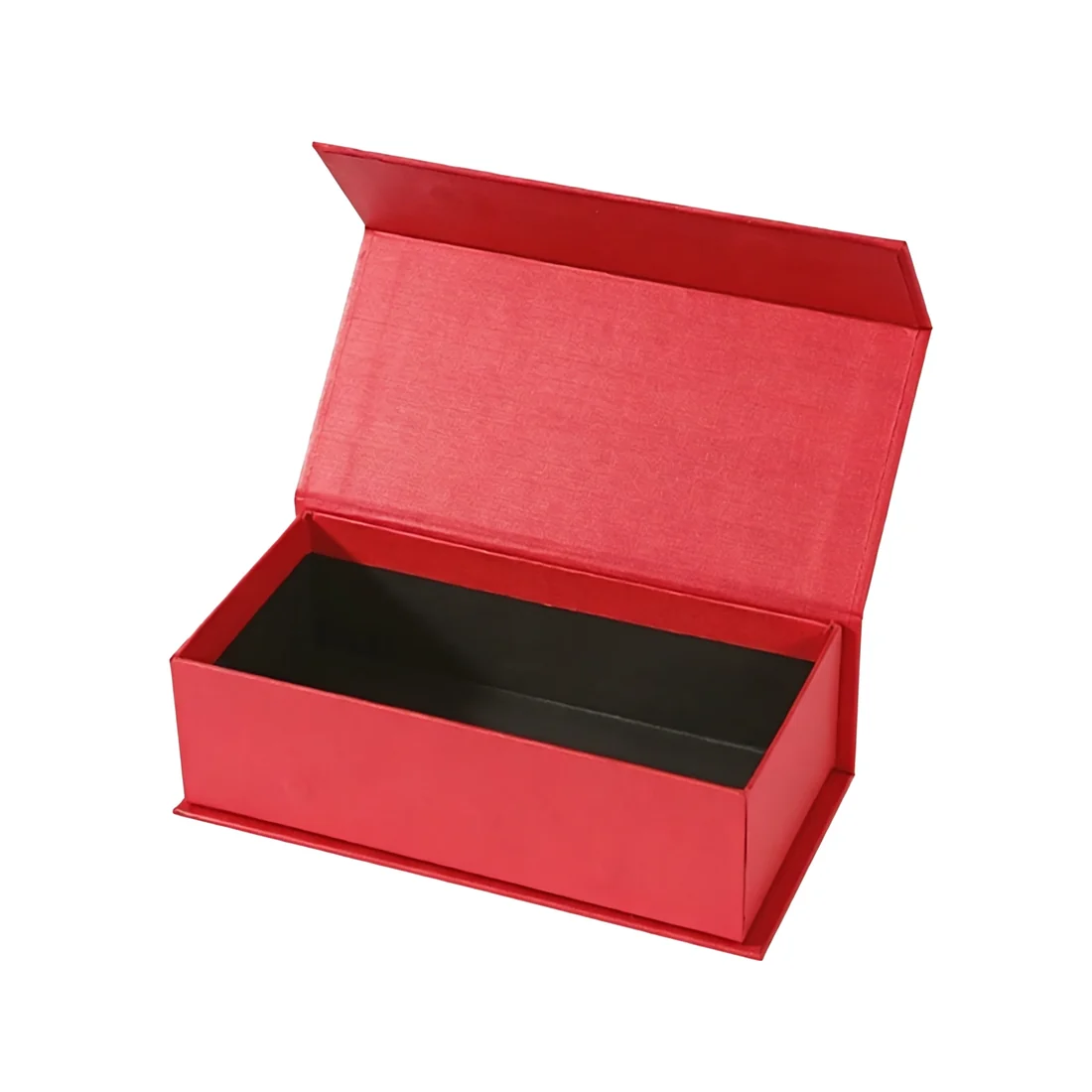 Red magnetic closure rigid box with black lined interior