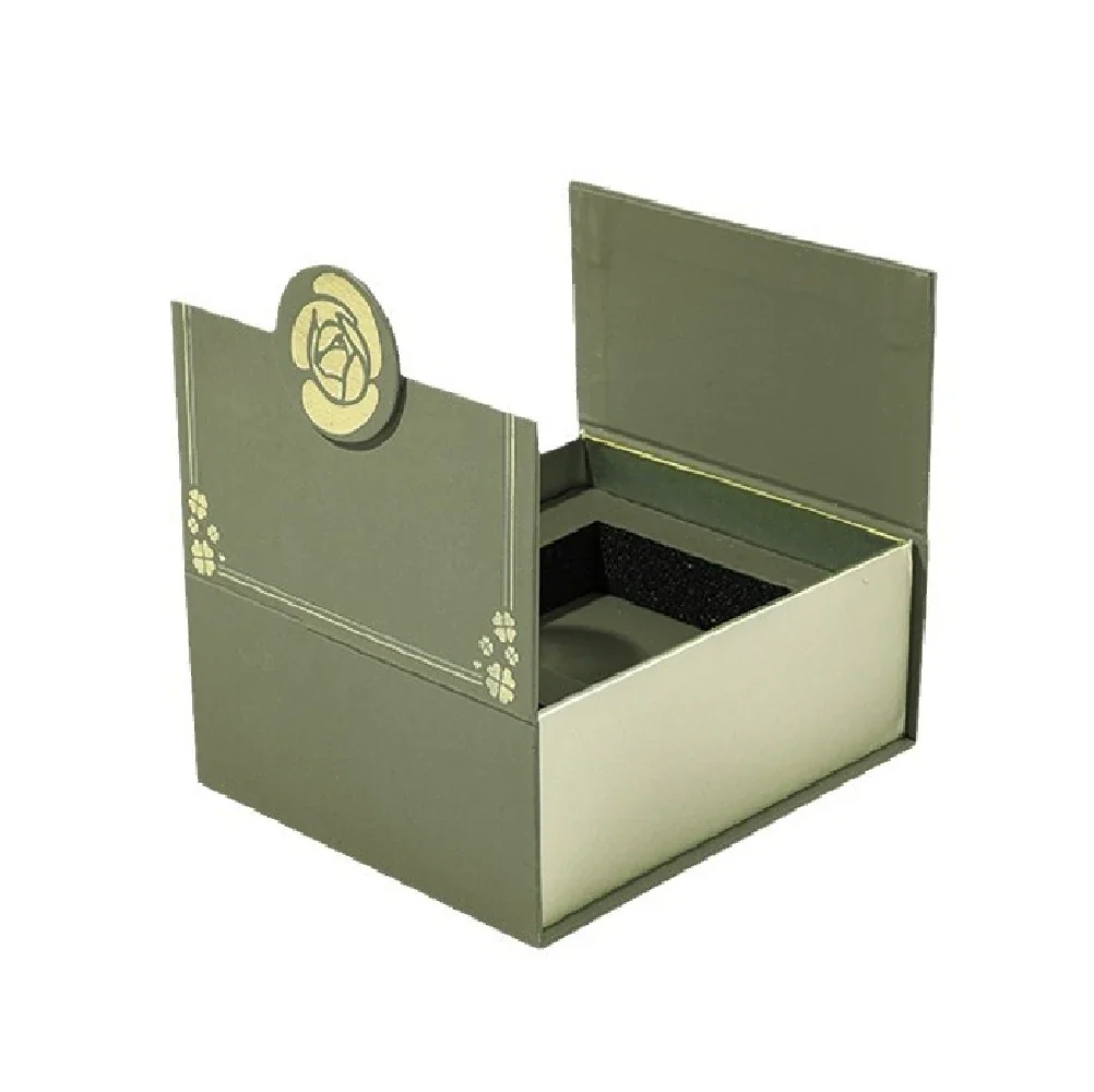 Olive rigid presentation box with gold seal and fitted lid
