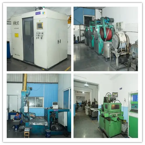 Four views of the line: CNC machining cell, ball milling, grinding and EDM
