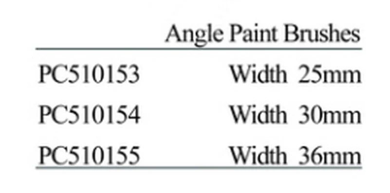 Specification sheet for Angle Paint Brushes showing catalogue codes, sizes and ratings
